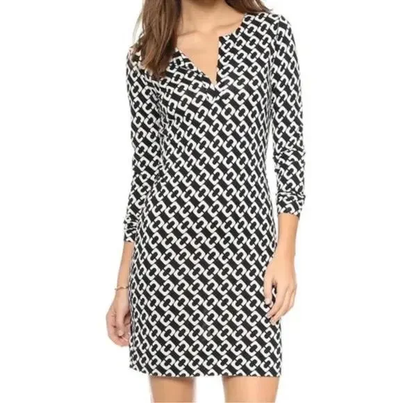 Diane Von Furstenberg Reina Silk Chain Link Shift Dress Black White Size 10 - Picture 3 of 12